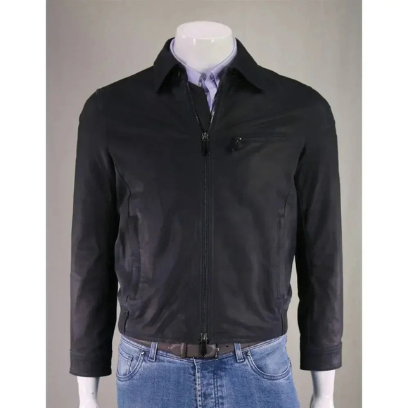 Paul Stuart Navy Blue Goat Leather Motorcycle Bomber Bike Jacket US XS - Picture 2 of 9